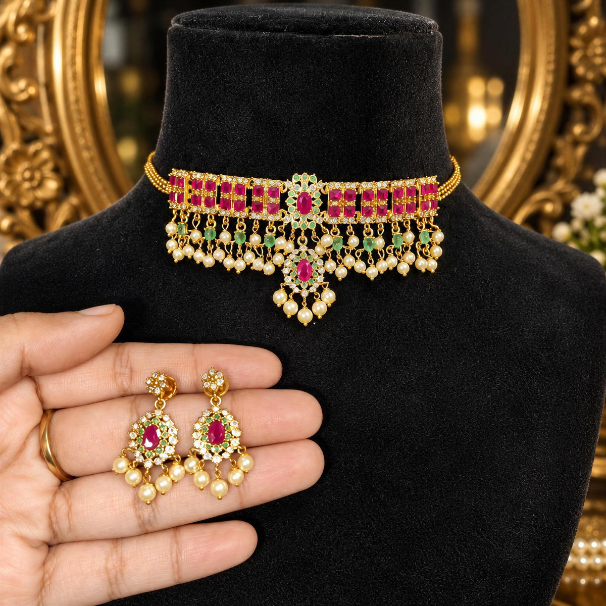Golden Plated Ruby Pink & Green Choker with Pearl Drops