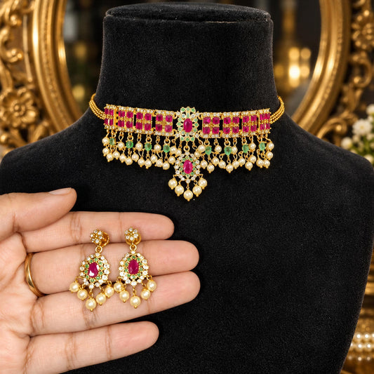 Golden Plated Ruby Pink & Green Choker with Pearl Drops