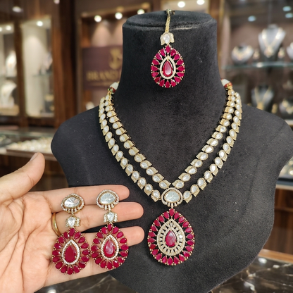 Ruby Pink Polki Kundan American Diamond Necklace with Earrings and Maangtikka
