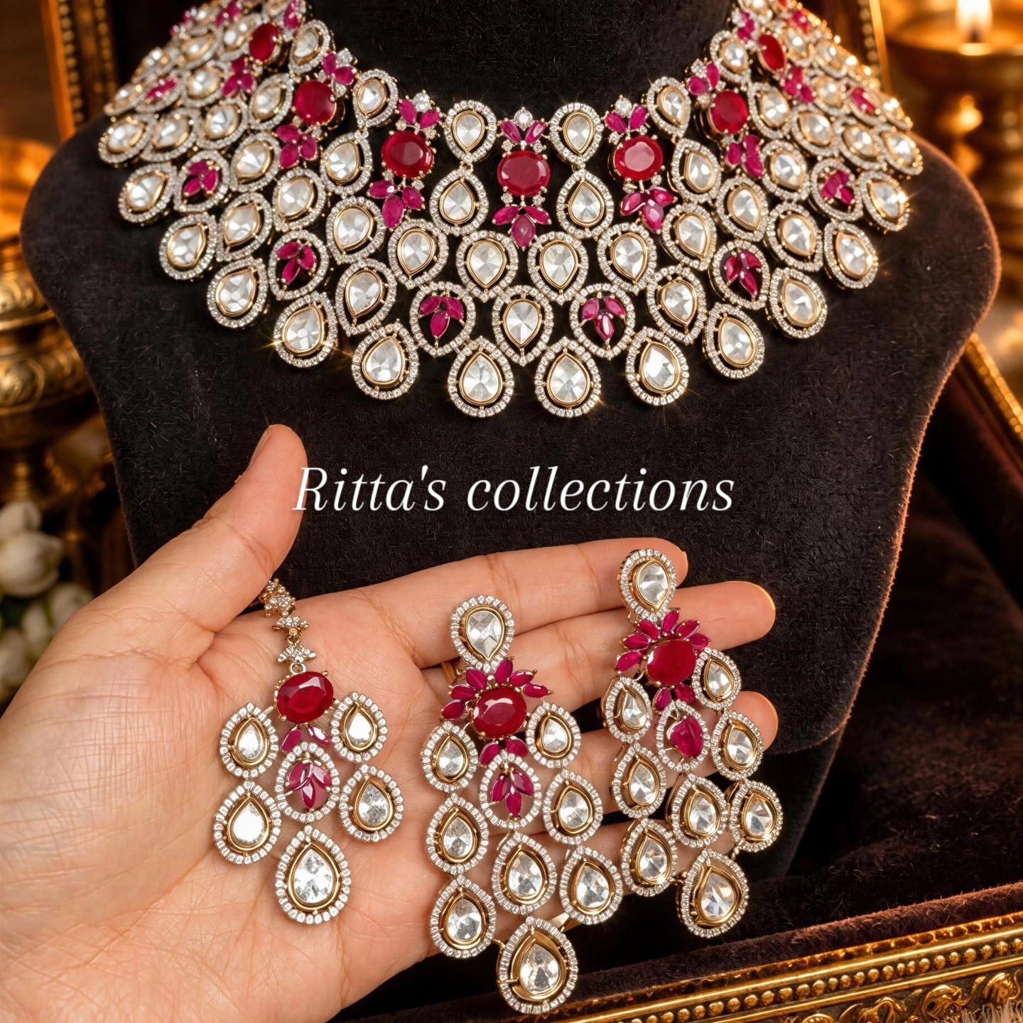 Ruby Pink Polki Kundan Choker with Necklace and Maangtikka