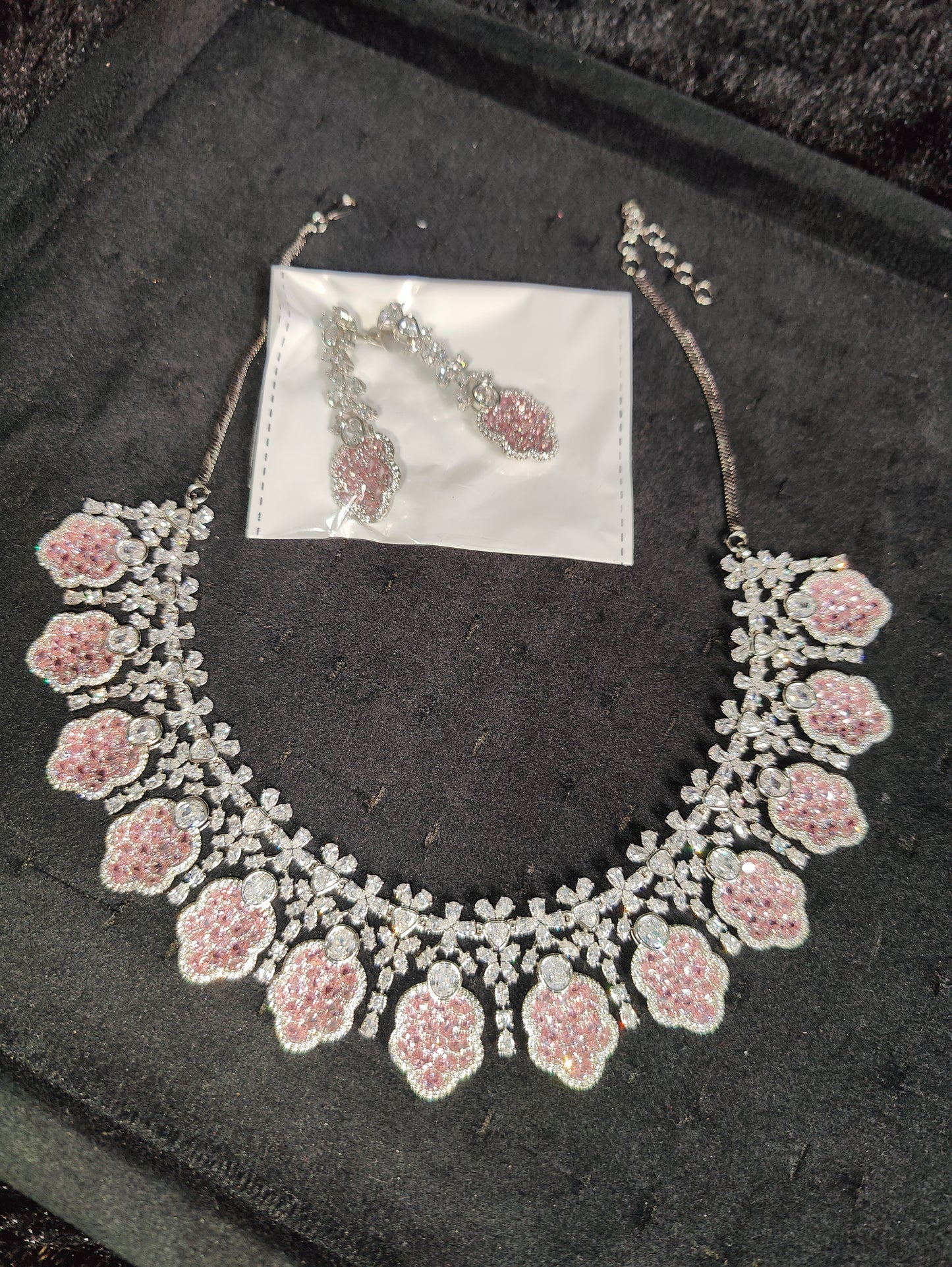 Blush pink/baby pink American Diamond Necklace with Earrings