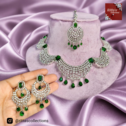 Emerald Green American Diamond Necklace with Earrings and Maangtikka