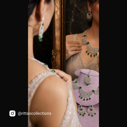 Emerald Green American Diamond Necklace with Earrings and Maangtikka