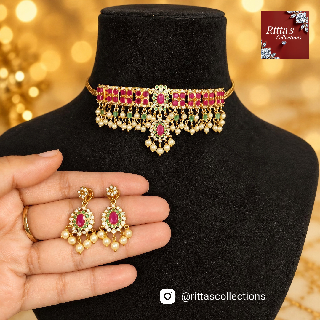 Golden Plated Ruby Pink & Green Choker with Pearl Drops