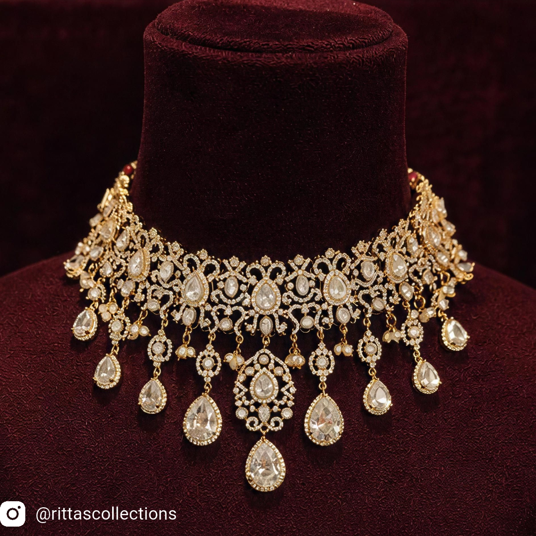 Bridal Poliki Kundan American Diamond Chokar Necklace with Earrings and Maangtikka, Antique Gold Polish/Mehendi Polish
