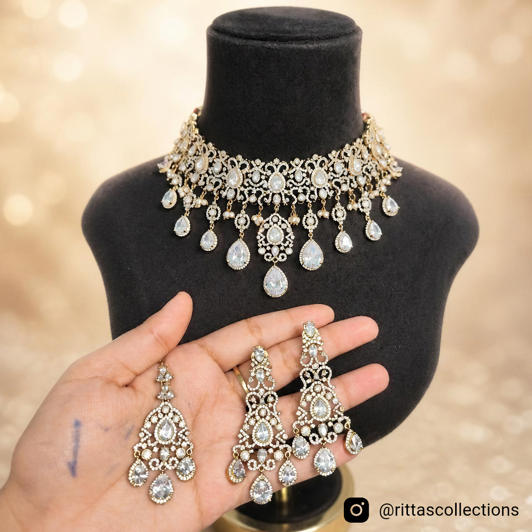 Bridal Poliki Kundan American Diamond Chokar Necklace with Earrings and Maangtikka, Antique Gold Polish/Mehendi Polish