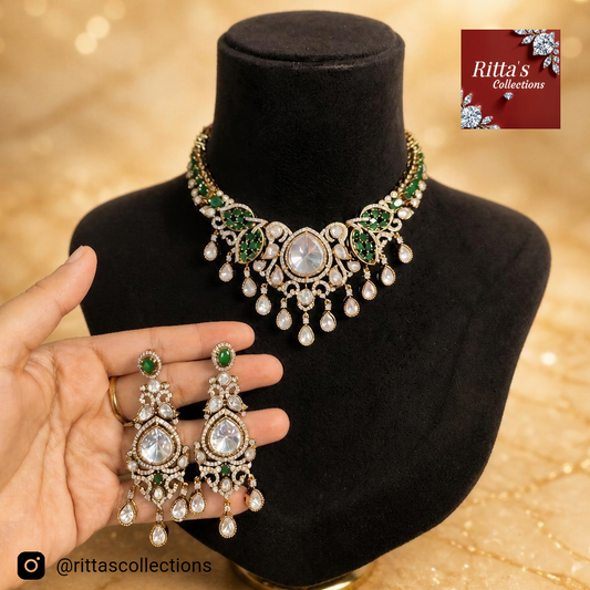 Polki Kundan Emerald Green Choker Necklace With Earrings