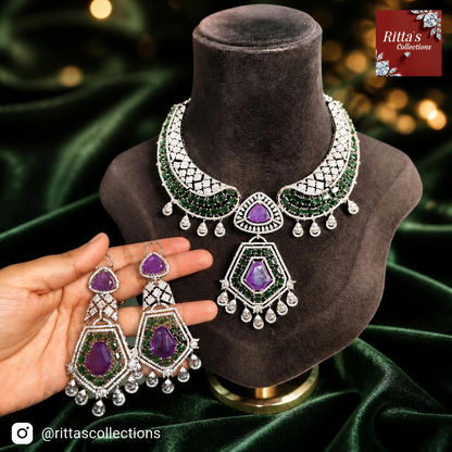 Purple and Green Premium American Diamond Necklace with Earrings