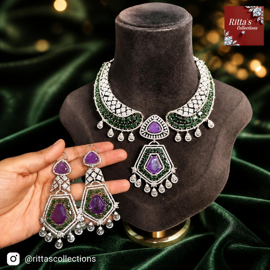 Purple and Green Premium American Diamond Necklace with Earrings