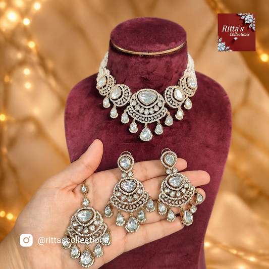 Moissanite Polki Kundan with Zircon Diamond Detailing with Pearls Statement Luxe Necklace with Earrings and Maangtikka