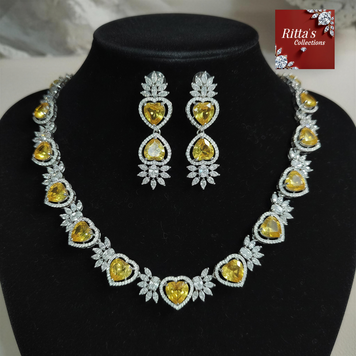 Yellow American Diamond Necklace with Earrings