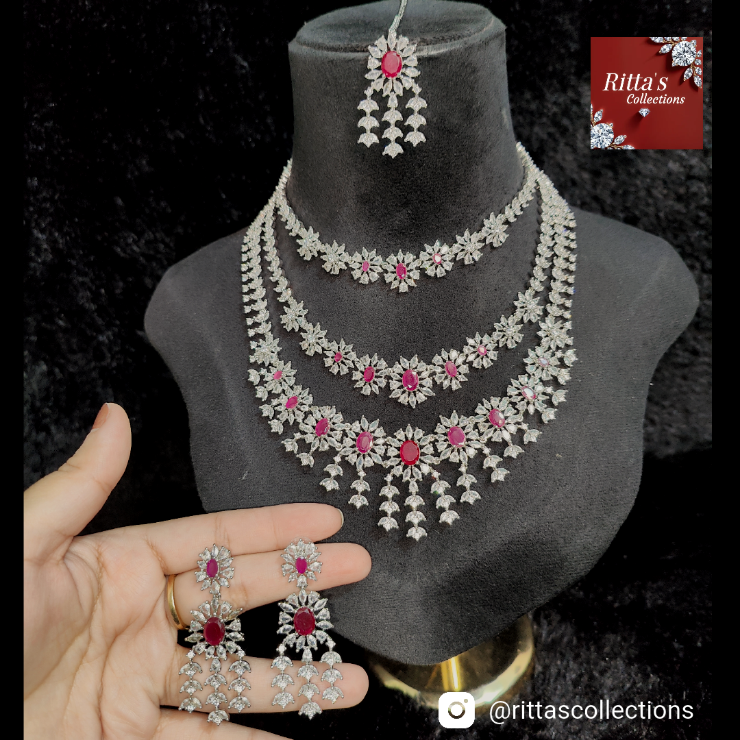3 layer attached Rhodium Polish Ruby Pink Necklace with Earrings and Maangtikka
