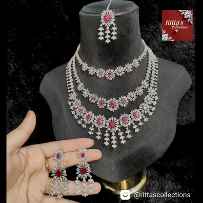 3 layer attached Rhodium Polish Ruby Pink Necklace with Earrings and Maangtikka