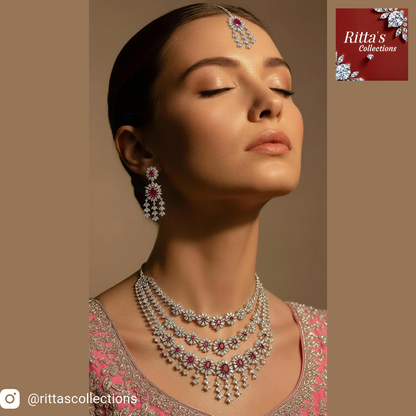 3 layer attached Rhodium Polish Ruby Pink Necklace with Earrings and Maangtikka