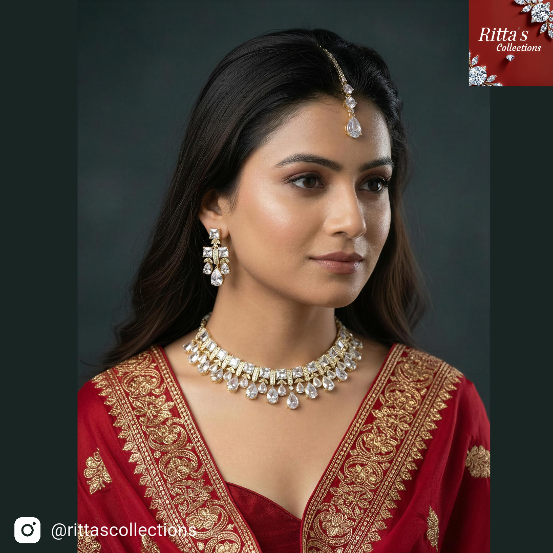 Golden Polish American Diamond Necklace with Earrings and Maangtikka