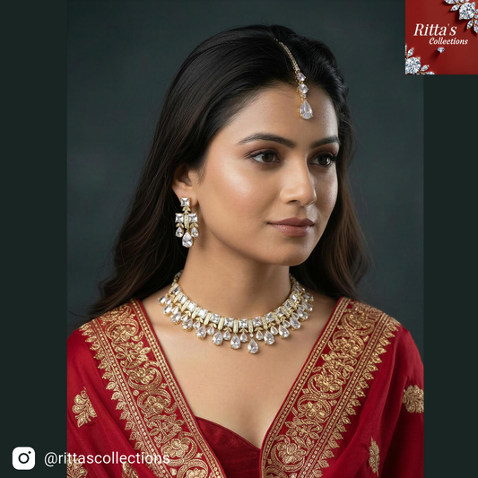 Golden Polish American Diamond Necklace with Earrings and Maangtikka