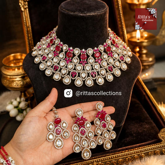 Ruby Pink Polki Kundan Choker with Necklace and Maangtikka