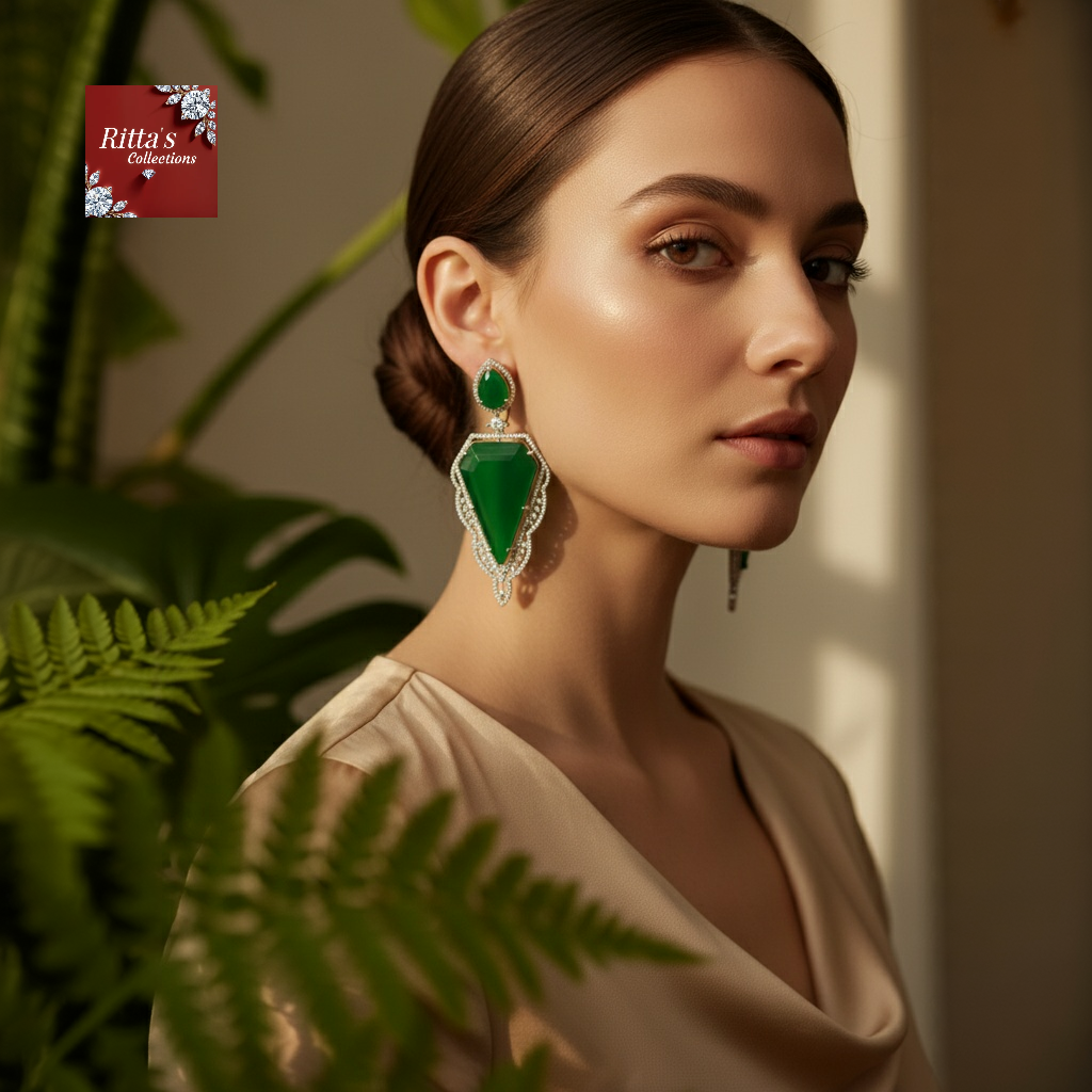 Ritta's EarLuxe Emerald Green Doublets American Diamond Earrings