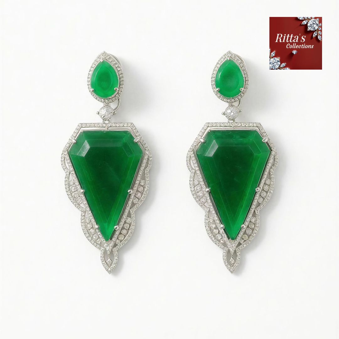 Ritta's EarLuxe Emerald Green Doublets American Diamond Earrings