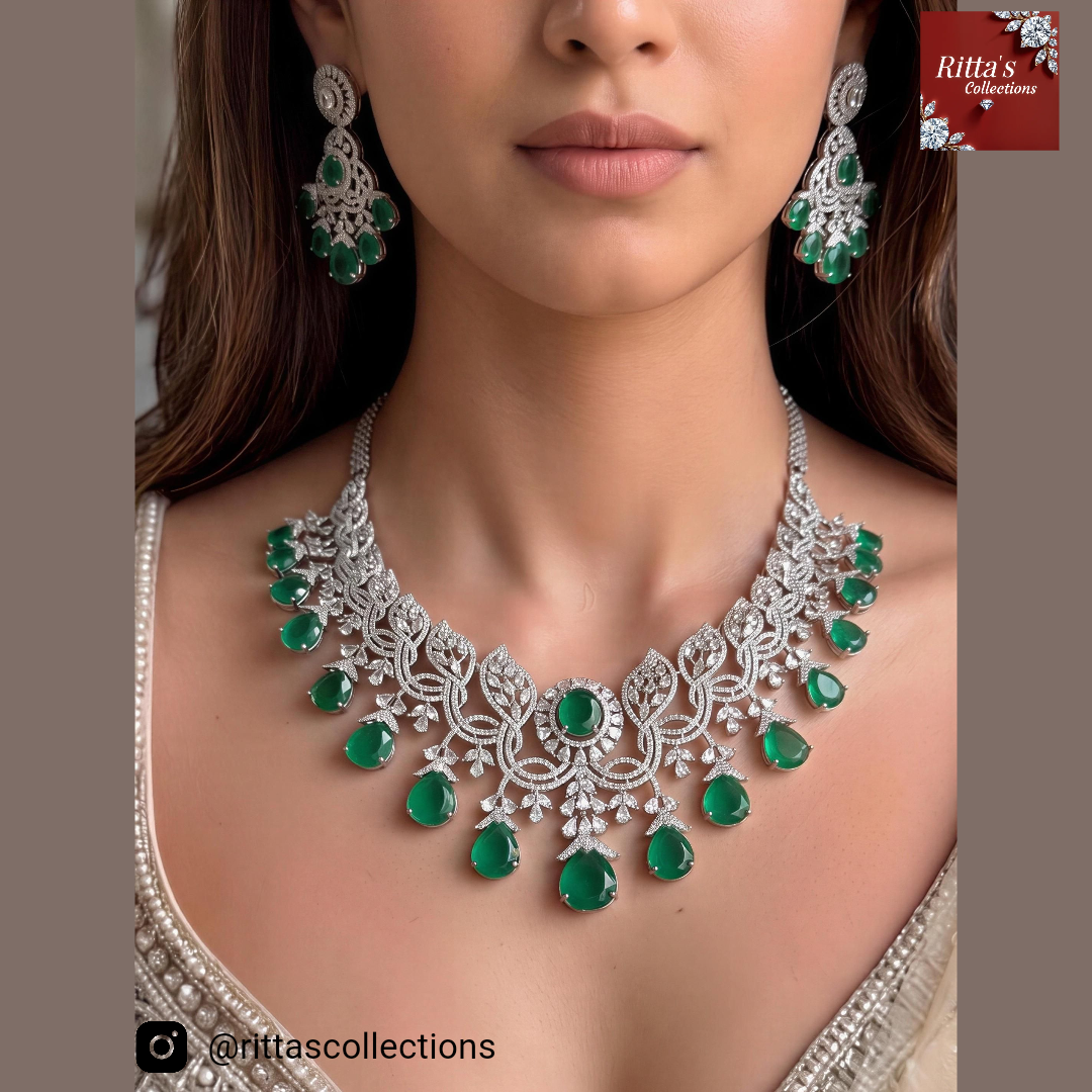 Emerald Green American Diamond Necklace with Earrings