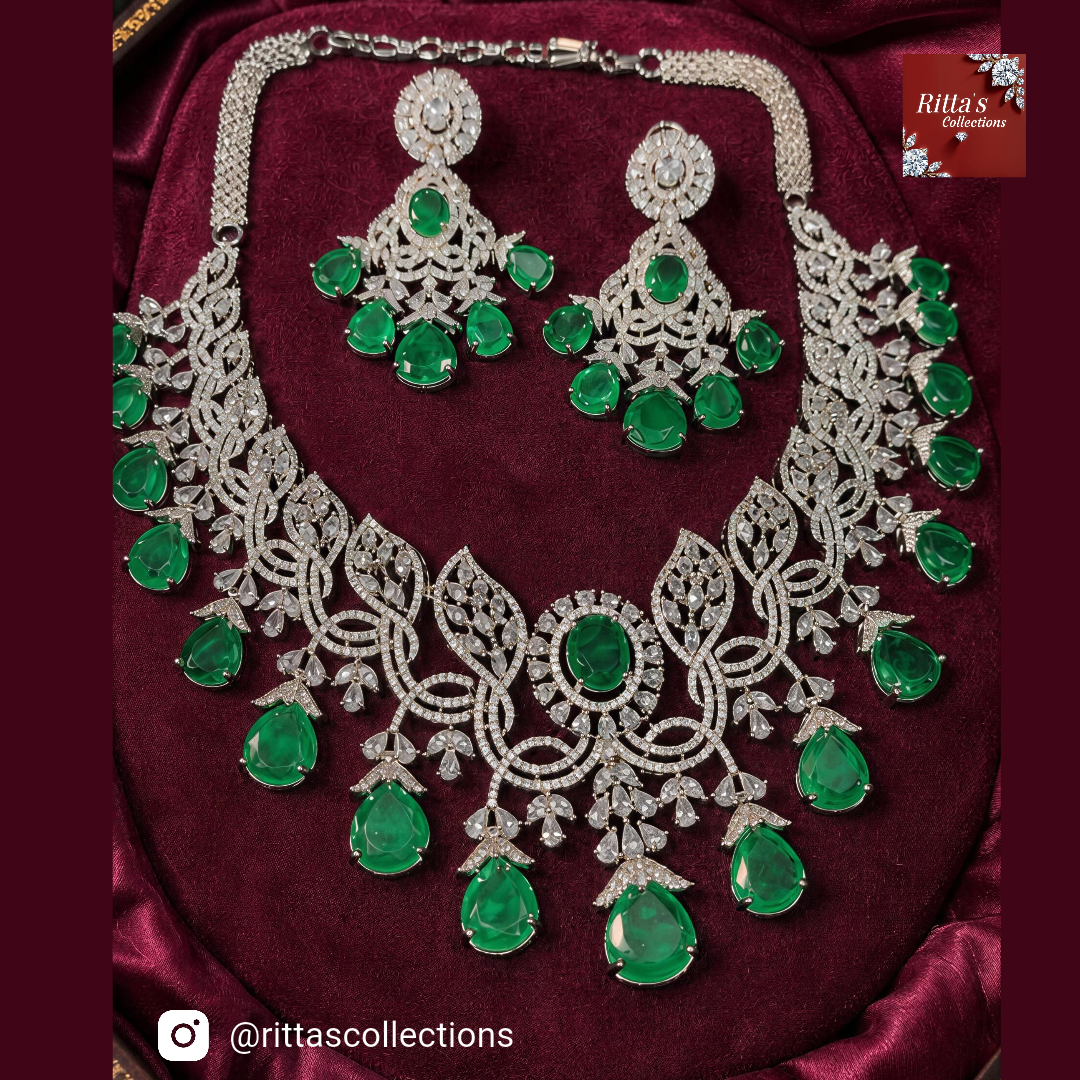 Emerald Green American Diamond Necklace with Earrings