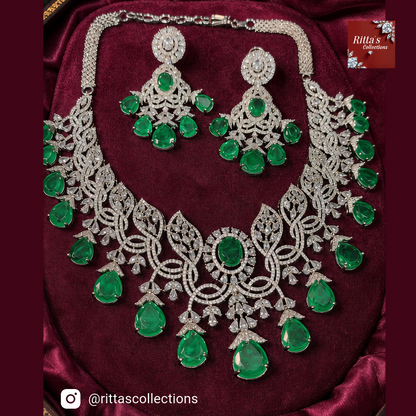 Emerald Green American Diamond Necklace with Earrings
