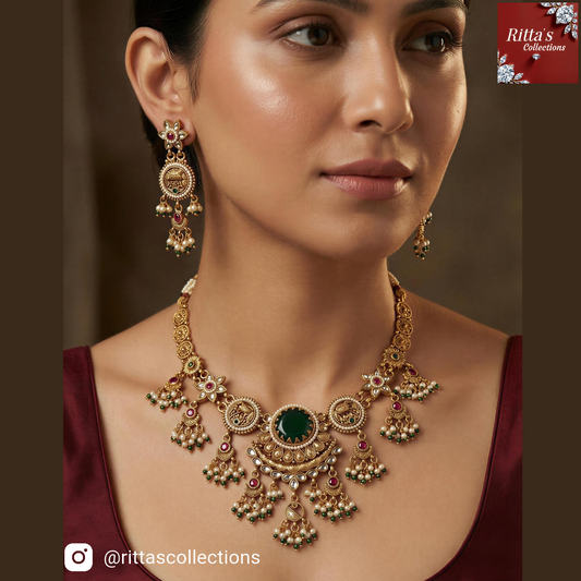 Traditional Heritage Pota Stone And Pearl Designer Necklace Set with earrings and Maangtikka