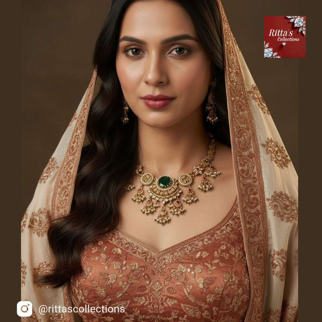 Traditional Heritage Pota Stone And Pearl Designer Necklace Set with earrings and Maangtikka