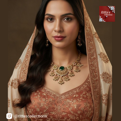 Traditional Heritage Pota Stone And Pearl Designer Necklace Set with earrings and Maangtikka