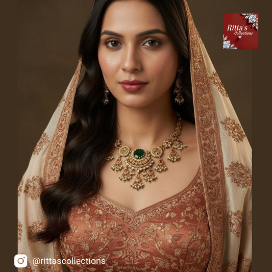 Traditional Heritage Pota Stone And Pearl Designer Necklace Set with earrings and Maangtikka