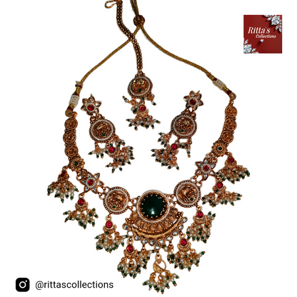 Traditional Heritage Pota Stone And Pearl Designer Necklace Set with earrings and Maangtikka