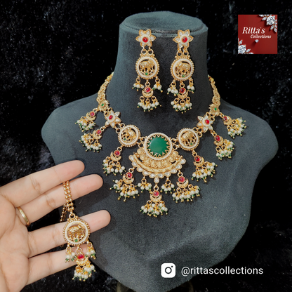 Traditional Heritage Pota Stone And Pearl Designer Necklace Set with earrings and Maangtikka