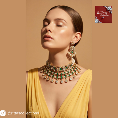 Emerald Green American Diamond Kundan, set of 2 necklaces and 2 pair of earrings