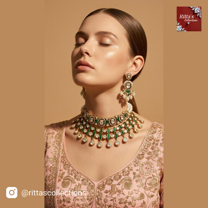 Emerald Green American Diamond Kundan, set of 2 necklaces and 2 pair of earrings