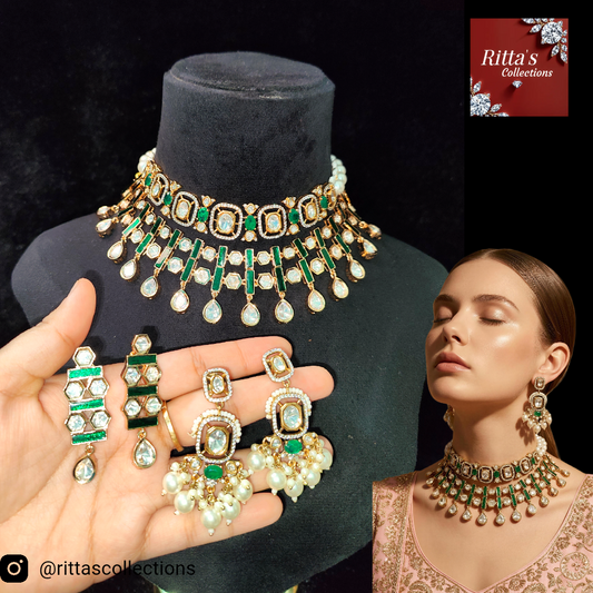 Emerald Green American Diamond Kundan, set of 2 necklaces and 2 pair of earrings
