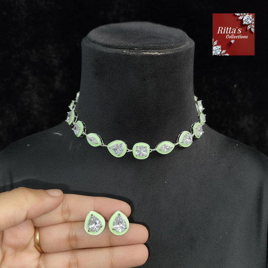 Neon Green American Diamond Flexible Chokar Necklace with Stud Earrings