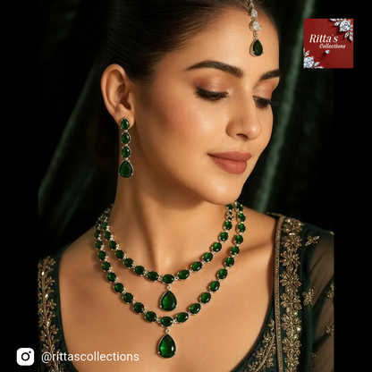 Emerald Green Double Layer Necklace with Earrings and Maangtikka