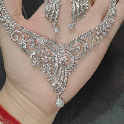 American Diamond Necklace with Earrings, rhodium plated silver polish