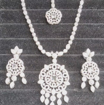 American Diamond Necklace with Earrings and Maangtikka