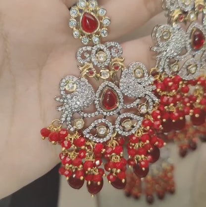 Red & Maroon AD Kundan Necklace with Earrings and Maangtikka