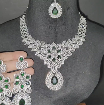Green American Diamond Necklace with Earrings and Maangtikka