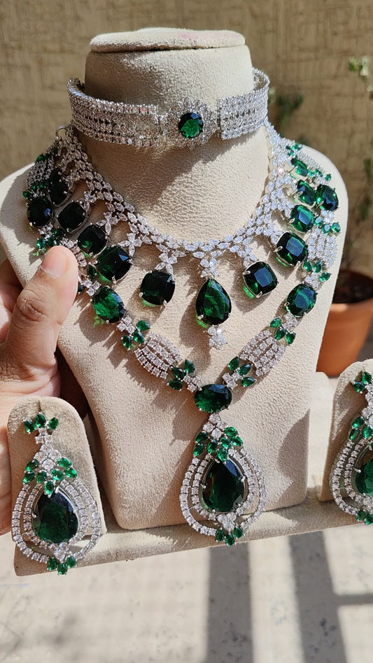 Emerald Green American Diamond Exclusive Set, 1 choker set + 1 Necklace set + 1 Necklace Set