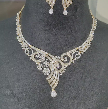 Premium Golden Polish American Diamond Necklace with Earrings