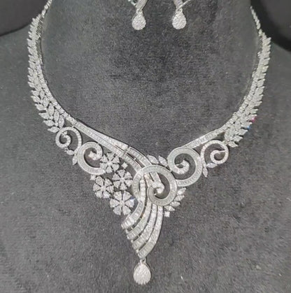 Premium Rhodium Polish American Diamond Necklace with Earrings
