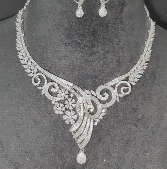 Premium Rhodium Polish American Diamond Necklace with Earrings