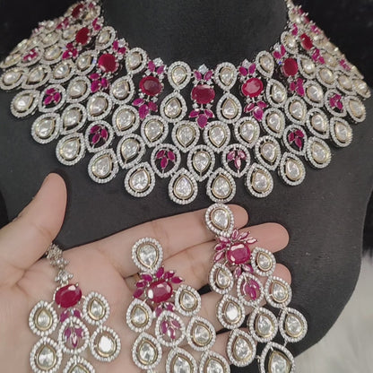 Ruby Pink Polki Kundan Choker with Necklace and Maangtikka