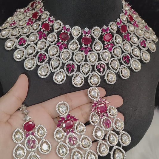 Ruby Pink Polki Kundan Choker with Necklace and Maangtikka