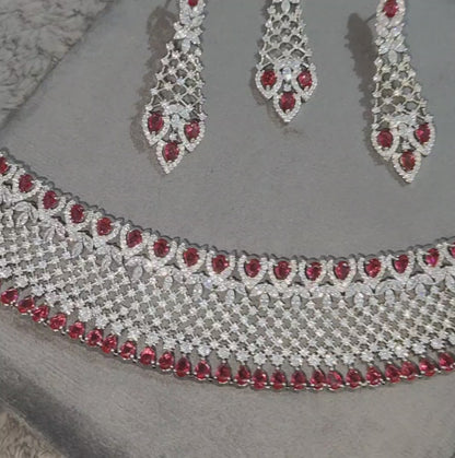 Red American Diamond Chokar with Earrings and Maangtikka