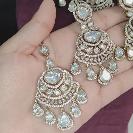 Moissanite Polki Kundan with Zircon Diamond Detailing with Pearls Statement Luxe Necklace with Earrings and Maangtikka