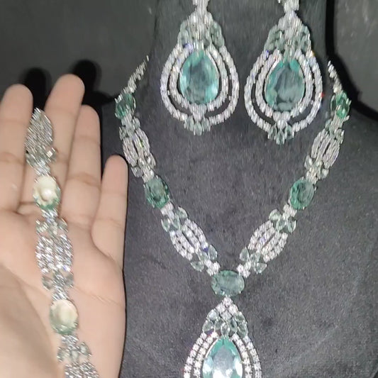 Ice Green Colour American Diamond Necklace with Earrings and Bracelet